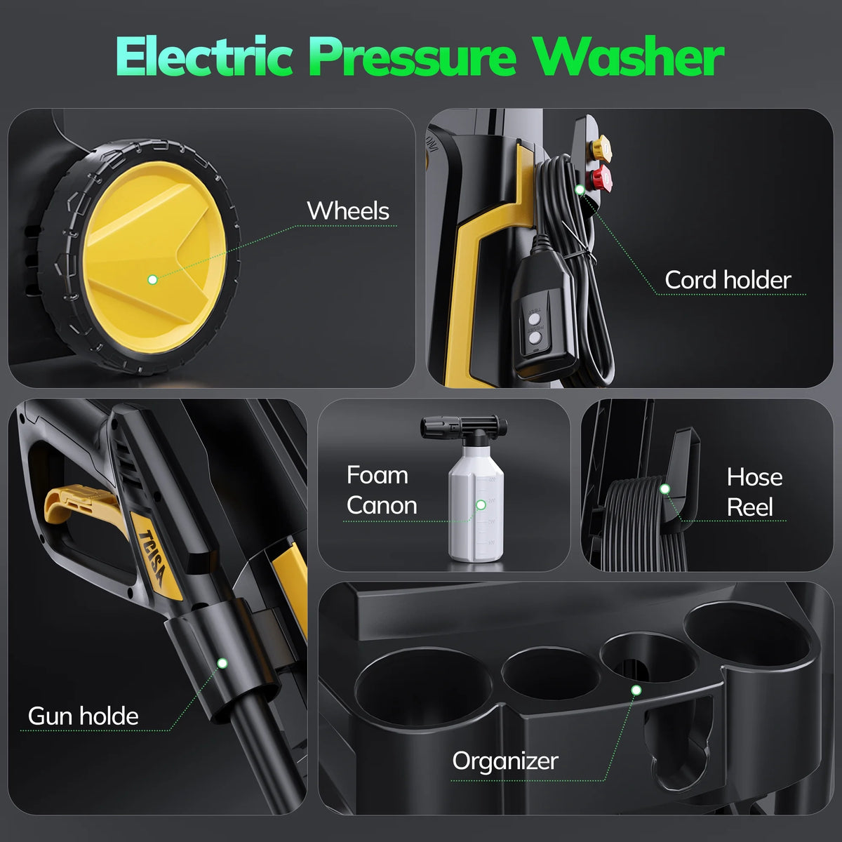 TCISA 3500 PSI Electric Pressure Washer, Max 2 GPM Power Washer with 35FT Power Cord 20FT Hose 4 Nozzles Soap Cannon for Car Garden Yard Hom
