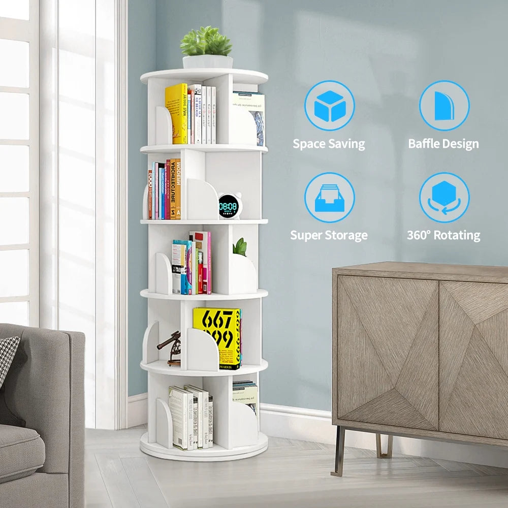 Bimiti 5 Tier Rotating Bookshelf, 360? Revolving Bookcase 20 Shelves Floor - Standing Storage Display Rack - White 63"x18"x18", Adult