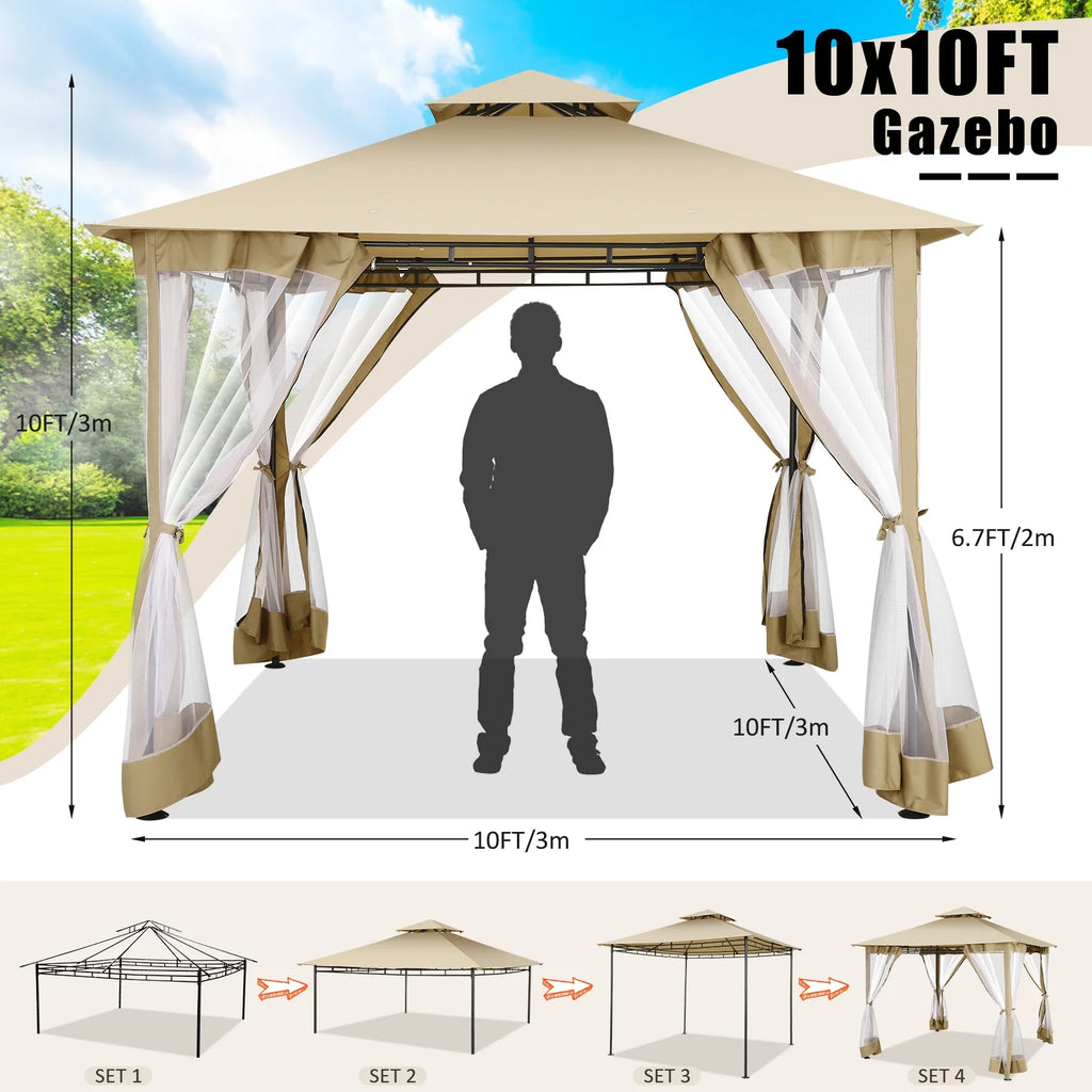 SANOPY 10' x 10' Gazebos for Patios, Gazebo Canopy with 4 Mosquito Netting, Rainproof & Sunscreen Shelter Tent with Double Eaves for Garden Backyard and Deck