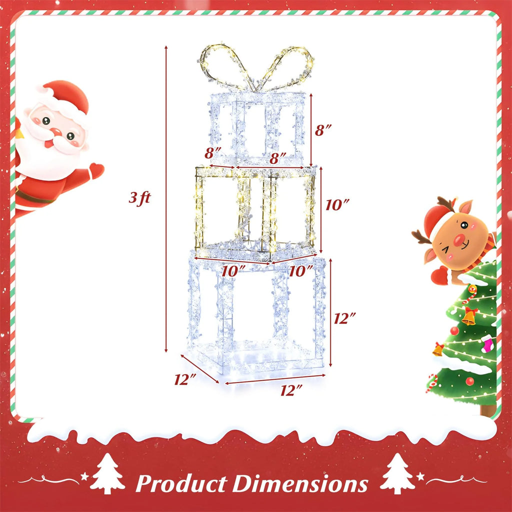 Tangkula Stacked Lighted Gift Boxes Set of 3 Pre-Lit Christmas Present Box Lights