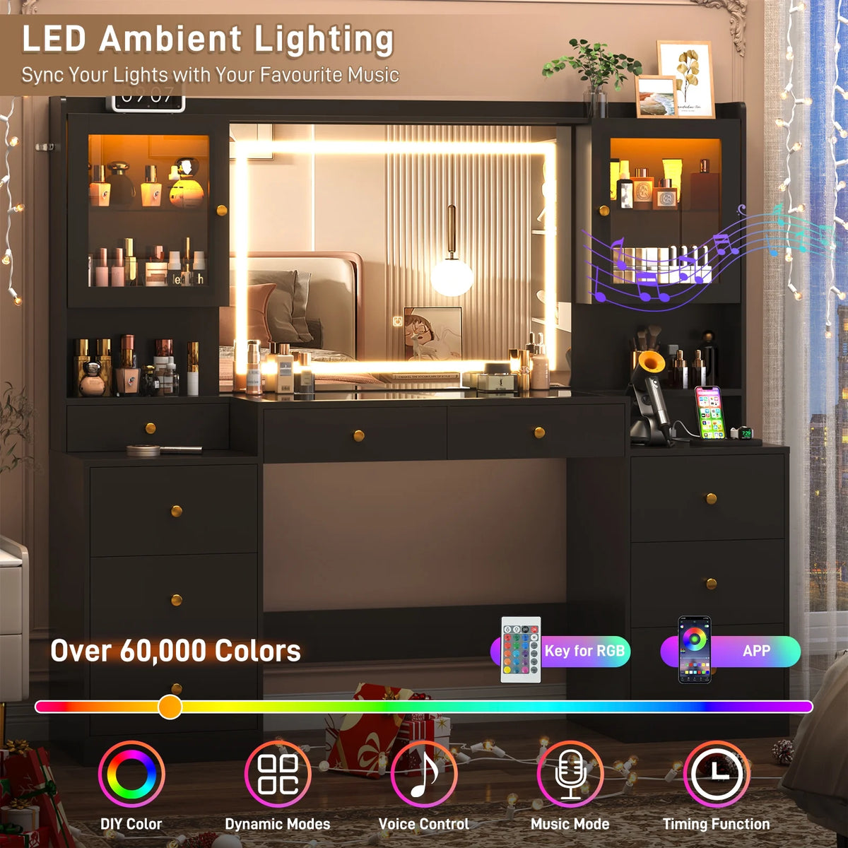 Blotout 62'' Large Vanity Desk W/60000 - Color LED Lights, Tempered Glass Top, Power Outlet, Makeup Vanity Table W/ 3 Lights Mode Mirror, 9 Drawers, 2 RGB Cabinets, LED Dressing Table for Girls, Women