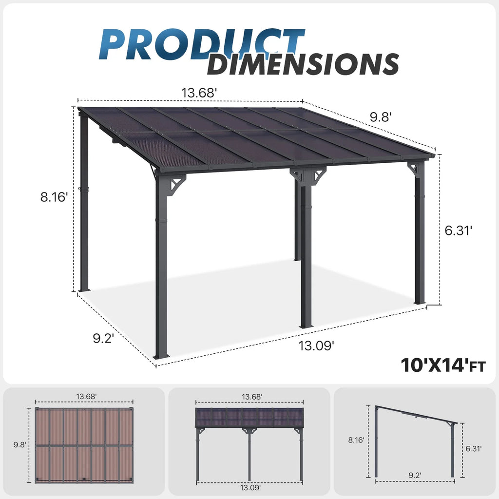 Sumnthink 10'X12' Gazebo for Patio, Gazebo Pergola with Sloped Roof, Large Wall - Mounted Heavy Duty Awnings, for Patio, Deck and Backyard