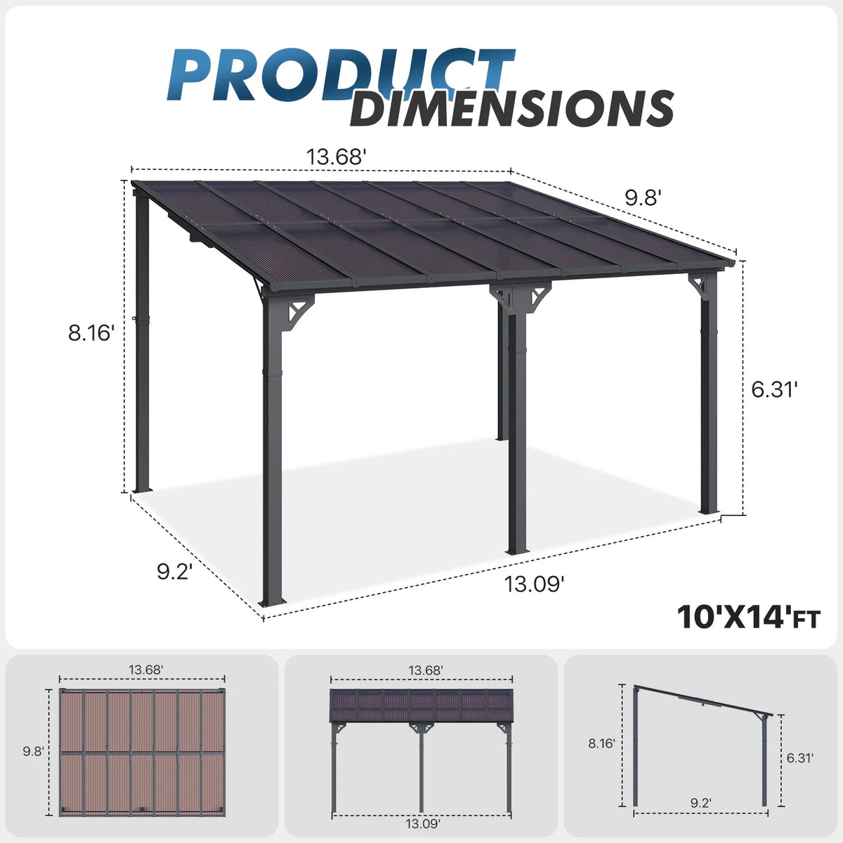 Sumnthink 10'X12' Gazebo for Patio, Gazebo Pergola with Sloped Roof, Large Wall - Mounted Heavy Duty Awnings, for Patio, Deck and Backyard