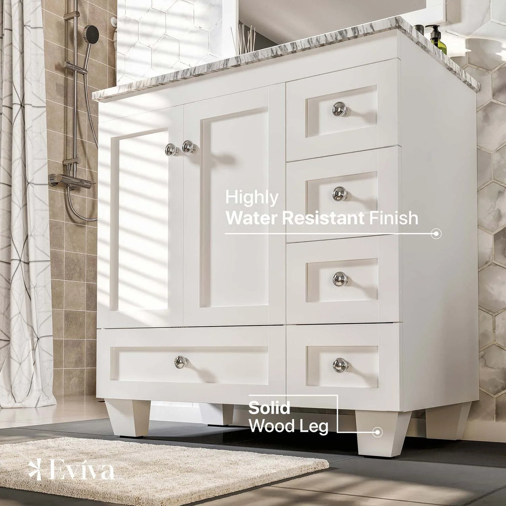 Eviva Happy 30" W x 18" D x 34" H White Bathroom Vanity with White Carrara Marble Counter - Top