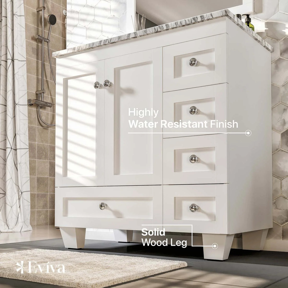 Eviva Happy 30" W x 18" D x 34" H White Bathroom Vanity with White Carrara Marble Counter - Top