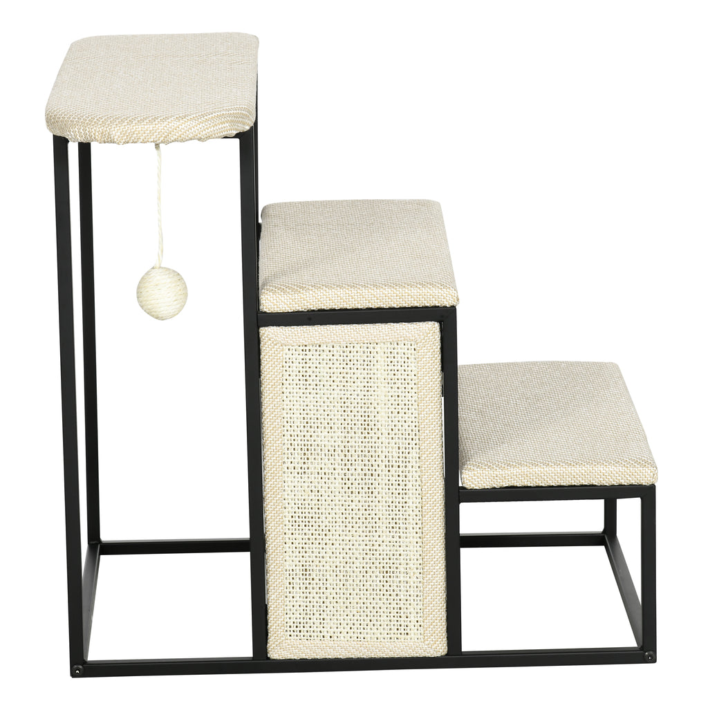 PawHut Katzentreppe, mit Kratzbrett, 3 Stufen, Spielball, robust, Stahl+Sisal, cremeweiß+schwarz, 51 x 54 x 53cm