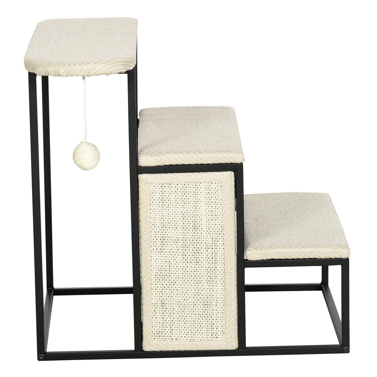 PawHut Katzentreppe, mit Kratzbrett, 3 Stufen, Spielball, robust, Stahl+Sisal, cremeweiß+schwarz, 51 x 54 x 53cm