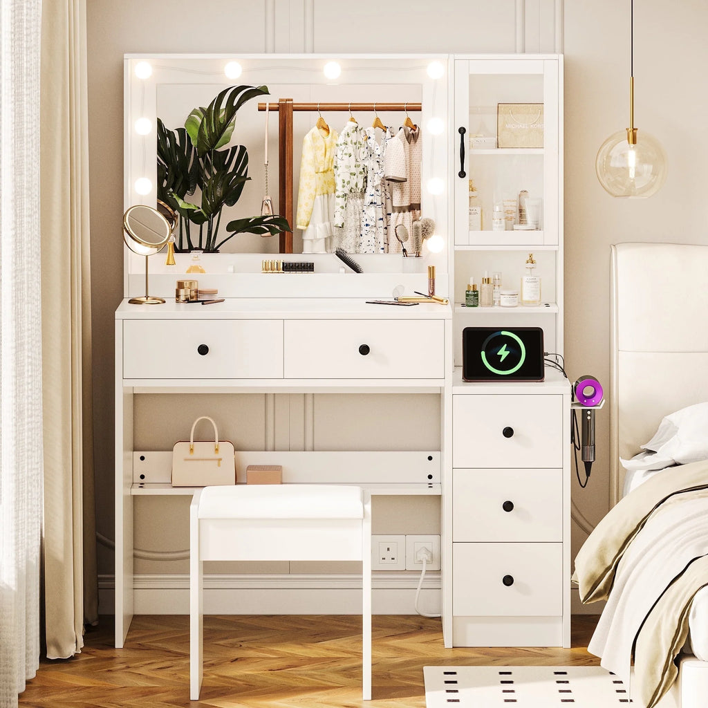 UGTOO 58.3" White Vanity Desk with Mirror, Adjustable Lighting, Power Outlet, Drawers, with Stool