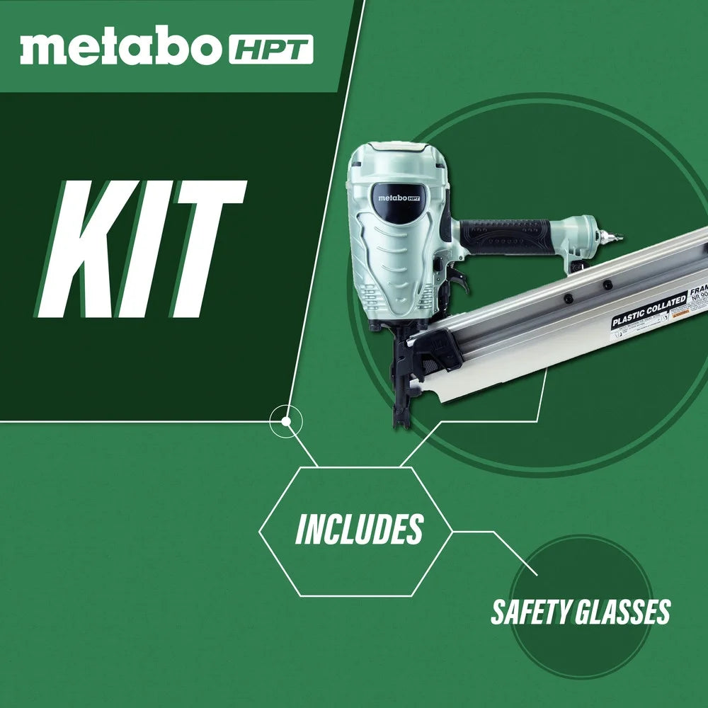 Metabo HPT Framing Nailer, Pro Preferred Brand of Pneumatic Nailers, 21 Degree Magazine, Accepts 2 - Inch to 3 - 1/2 - Inch Plastic Collated Nails, Ideal for Framing, Flooring, & Roof Decking, NR90AES1