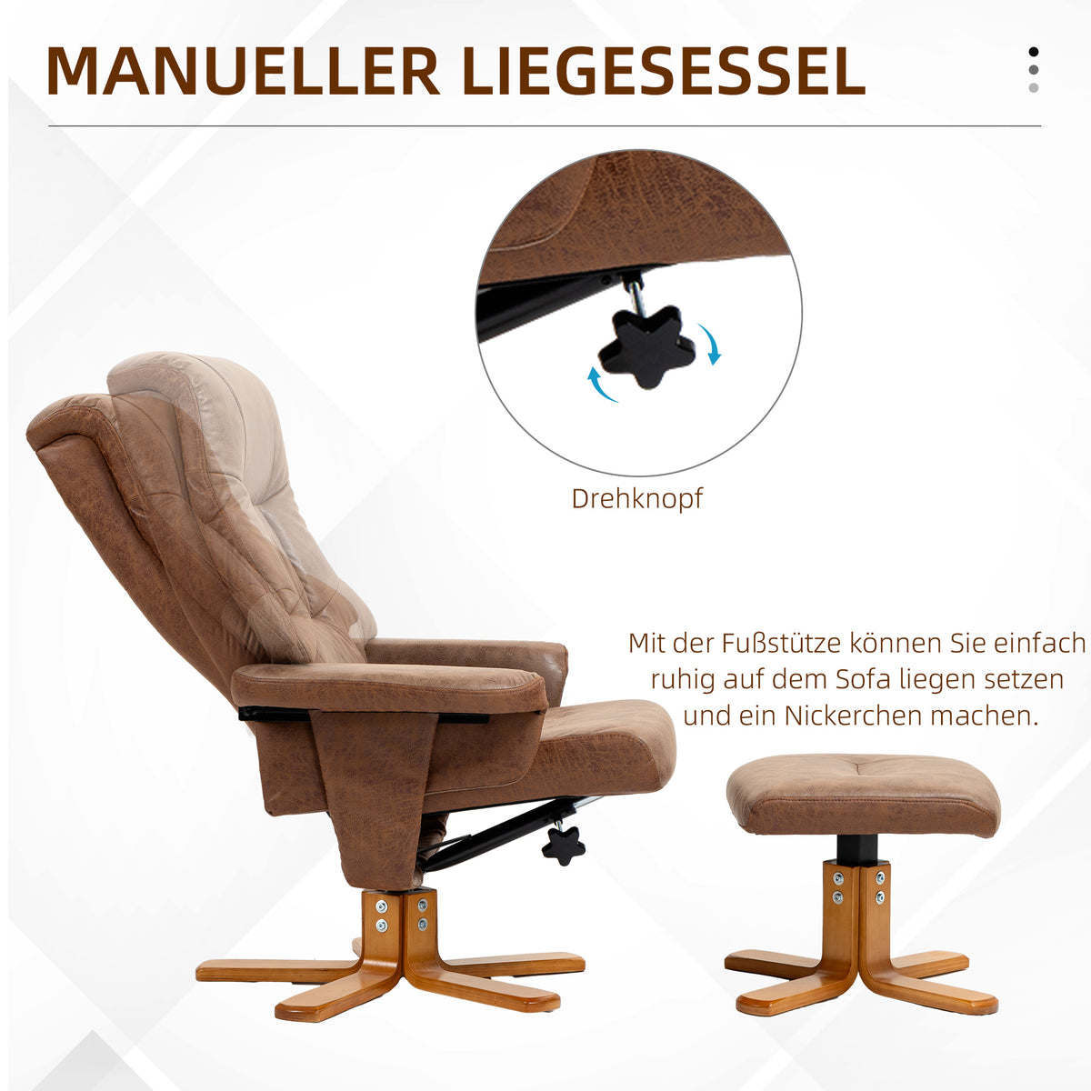 HOMCOM Relaxsessel mit Hocker, 360° drehbar, 135° neigbar, atmungsaktiver Bezug, 78 x 82,5 x 109 cm, braun