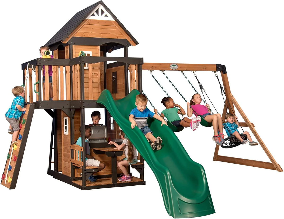 Backyard Discovery Canyon Creek Cedar Wood Swing Set with Wave Slide, Clubhouse, Play Kitchen, Picnic Area, Belt Swings, Web Swing, Rock Wall, Balconies, Playhouse, Step Ladder, Outdoor Playset