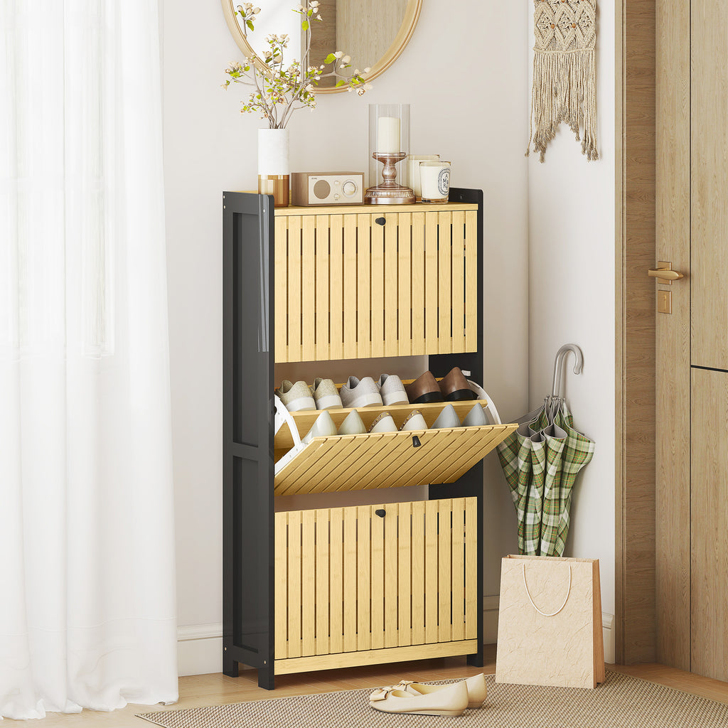 HOMCOM Schuhschrank 18 Paare mit 3 kippbaren Schubladen, Gittertüren aus Bambus, 60x24x118cm, Schwarz und Naturholz