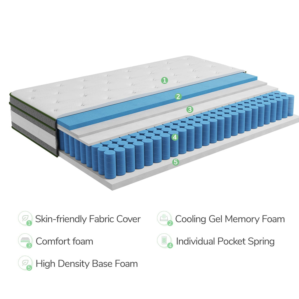 12 inch Queen Mattresses. Pocket Spring Hybrid Mattress with Gel Memory Foam for Cool Sleep