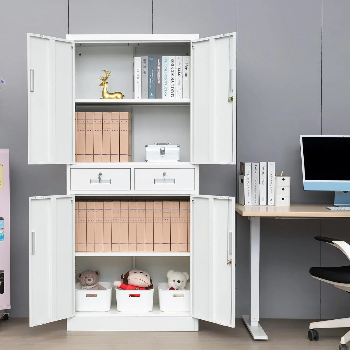 CMY Metal Storage Cabinet, 71" H x 32" W x 16" D Locking Cabinet with Adjustable Shelves and 2 Drawers, Steel Storage Cabinet for Office, Garage, Home, School, Utility Room - White