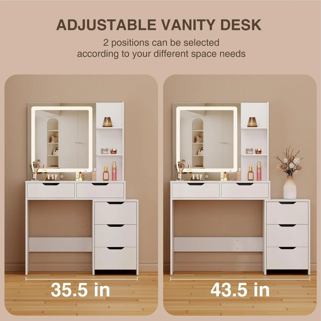 Makeup Vanity Desk with Mirror and Lights, 43.5 Vanity Table with 5 Drawers & Storage Shelves, White