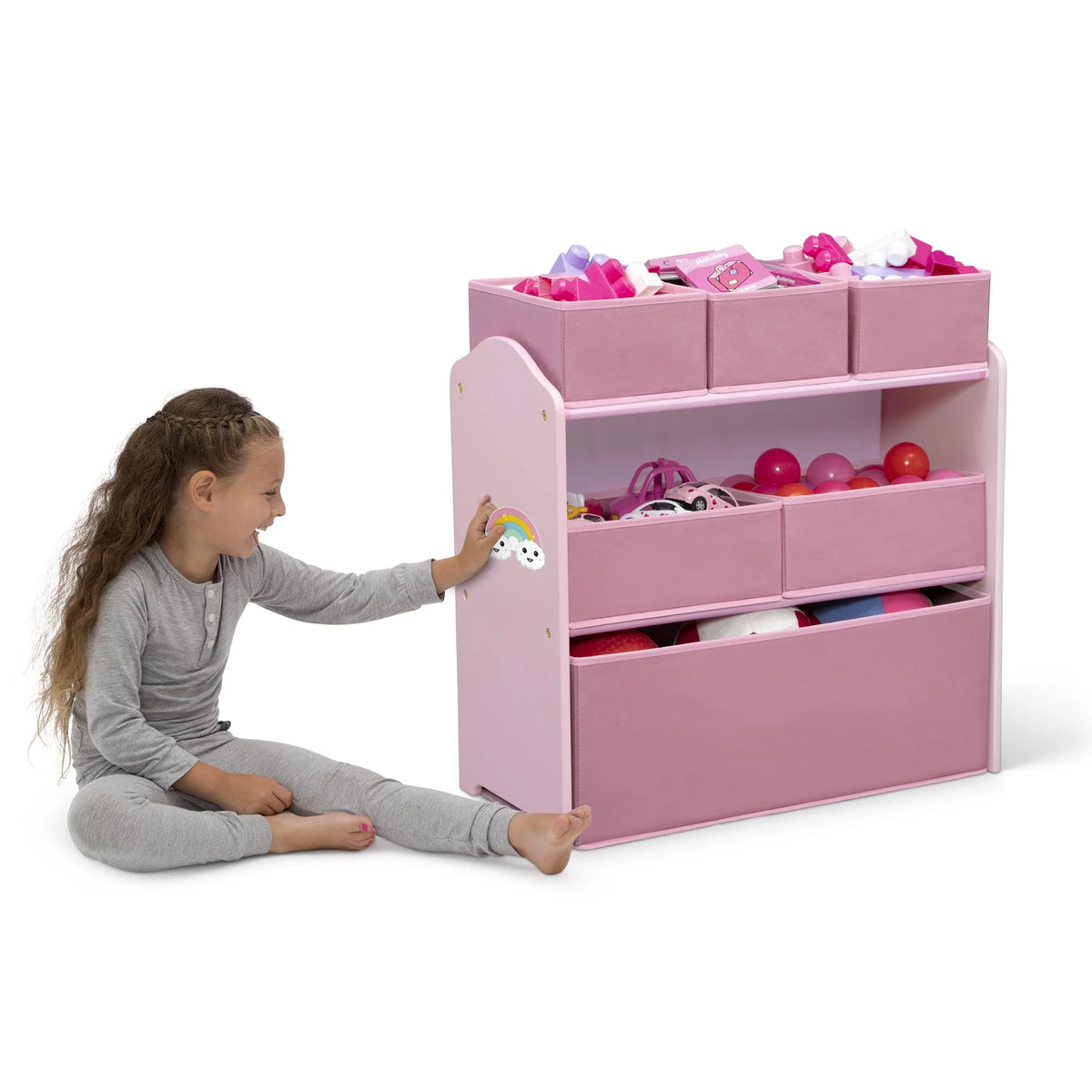 Delta Children 4 - Piece Toddler Playroom Set - Includes Play Table, 2 Chairs and 6 Bin Toy Organizer with Reusable Vinyl Cling Stickers, Light Pink/Dark Pink