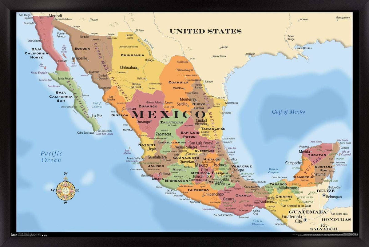 Map - Mexico Poster, Size: 14.725 inch x 22.375 inch