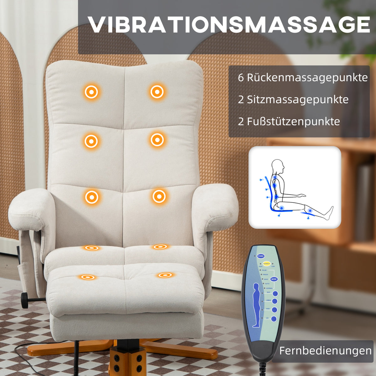 HOMCOM Massagesessel mit Liegefunktion und Fußhocker, 145°-Neigung, Polyester, 80 x 86 x 99 cm, Cremeweiß