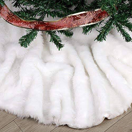 FDY My Faux Fur Christmas Tree Skirt 48 Inches Elegant Pure White Xmas Holiday Tree Skirts for Christmas Tree Decorations