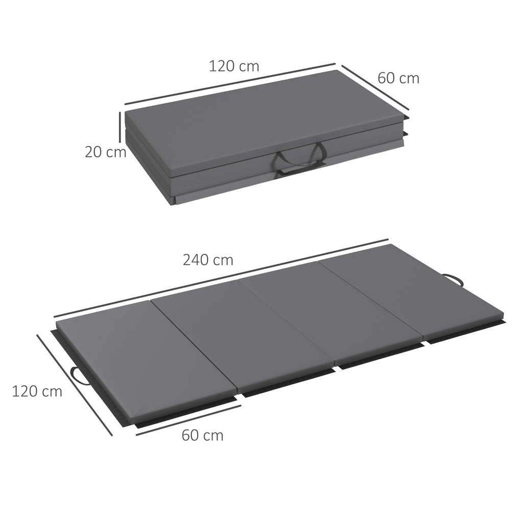 HOMCOM Gymnastikmatte Yoga Pilates Fitness faltbar in 4 mit Griffen synthetischer Bezug 240 x 120 x 5 cm Grau