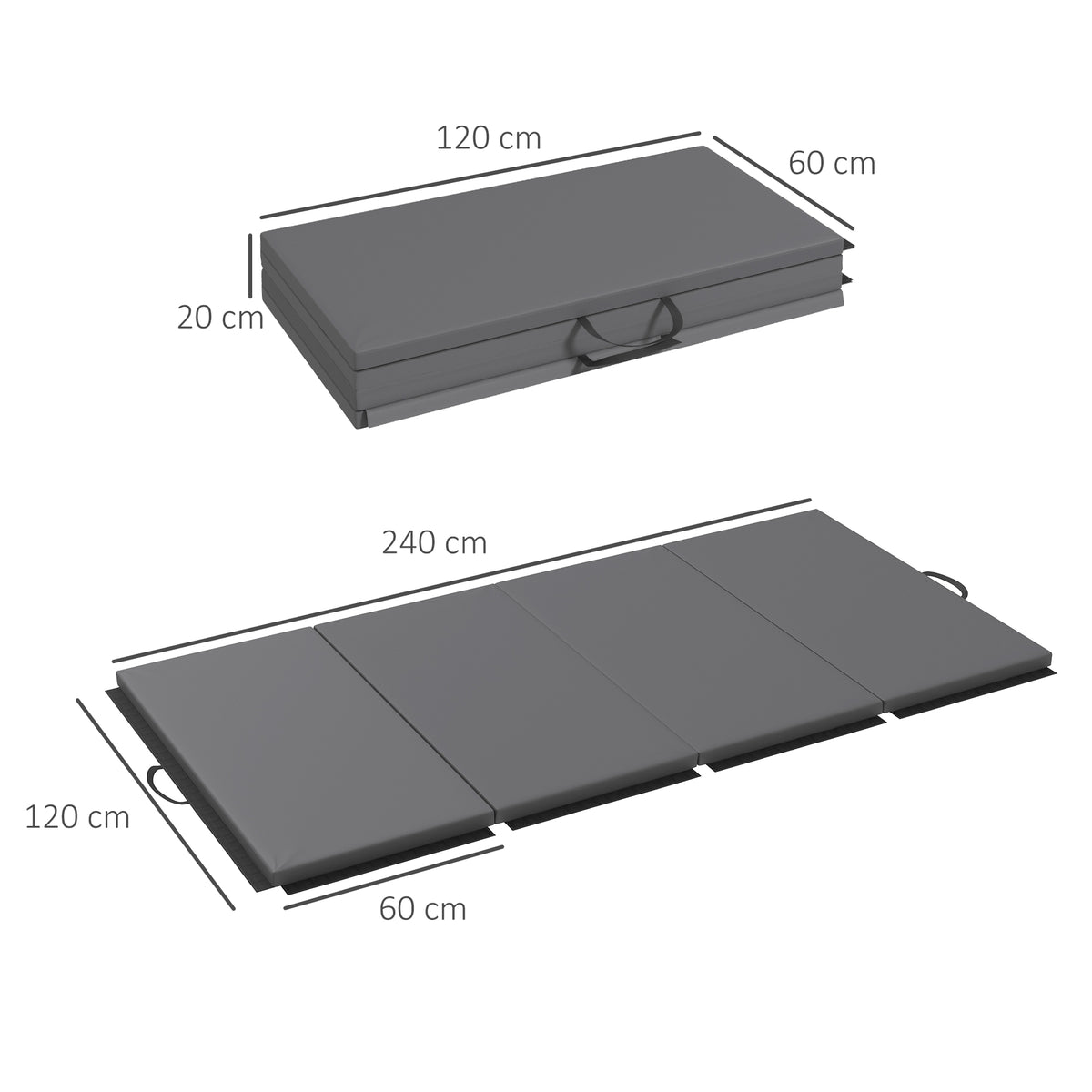 HOMCOM Gymnastikmatte Yoga Pilates Fitness faltbar in 4 mit Griffen synthetischer Bezug 240 x 120 x 5 cm Grau