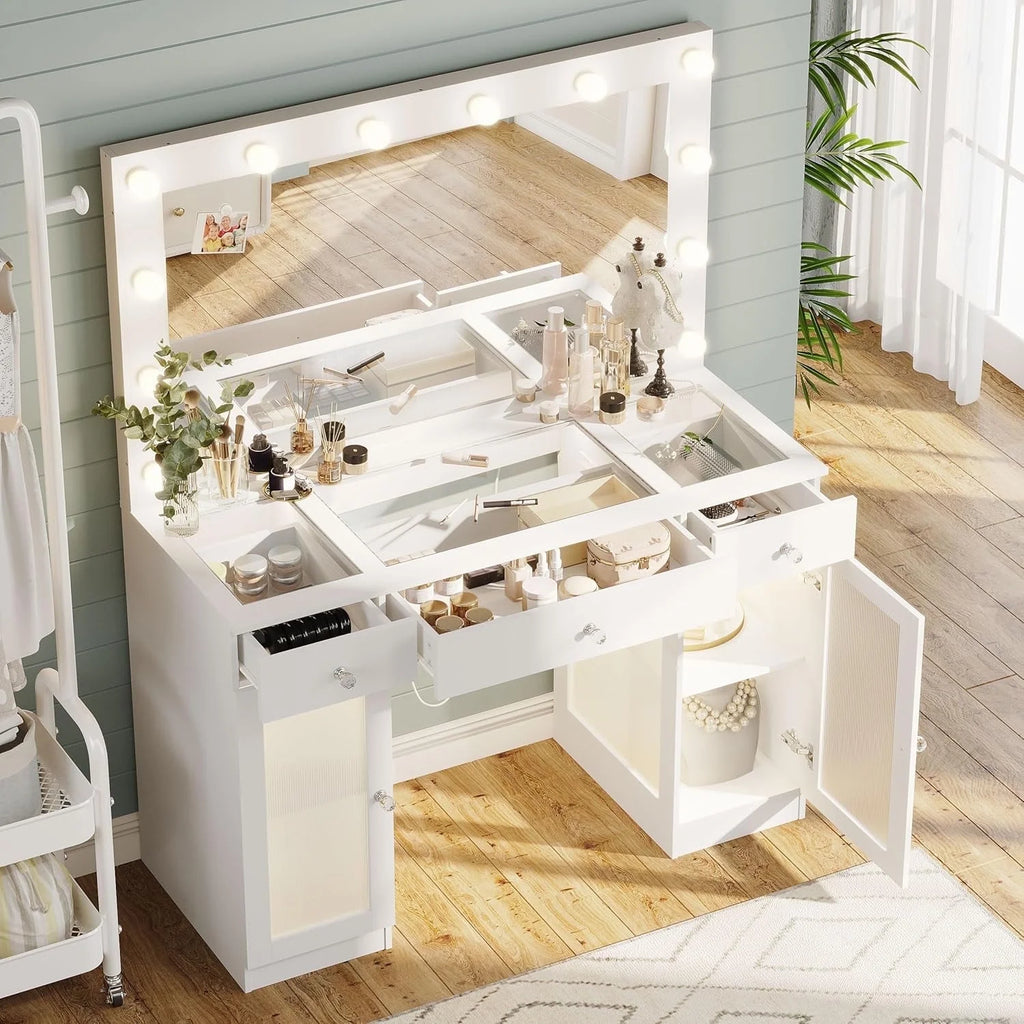 ABOVOBA Vanity Desk with Mirror and Lights, 3 Drawers and Power Outlet Makeup Vanity for Women, White