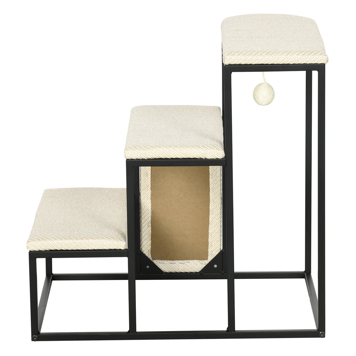 PawHut Katzentreppe, mit Kratzbrett, 3 Stufen, Spielball, robust, Stahl+Sisal, cremeweiß+schwarz, 51 x 54 x 53cm