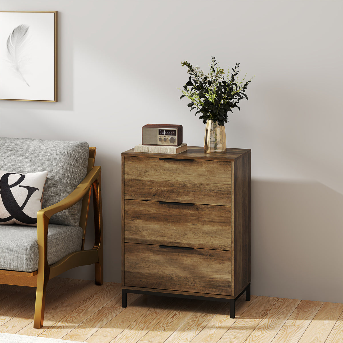 HOMCOM Schubladenkommode mit 3 Schubladen Antikippsystem und Schwarzen Griffen, aus Holz und Metall, 62x35x82 cm, Dunkelbraun