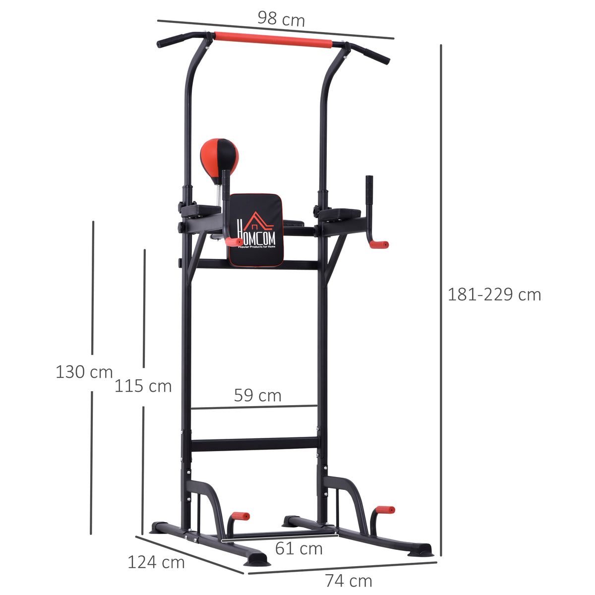 HOMCOM Klimmzugstation Multifunktionales Muskeltraining Punching Ball Roman Chair mit höhenverstellbarem Stahl Schwarz Rot