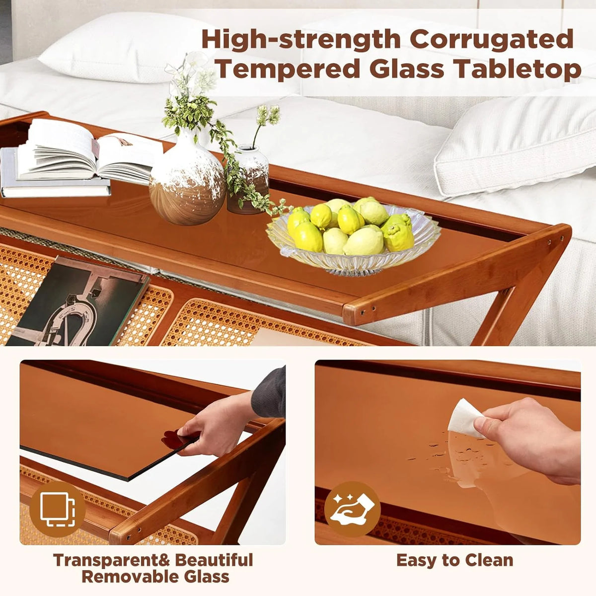 AECOJOY 47" Mid-Century Modern Coffee Table with Glass Top, Bamboo Accent Bedside Tables