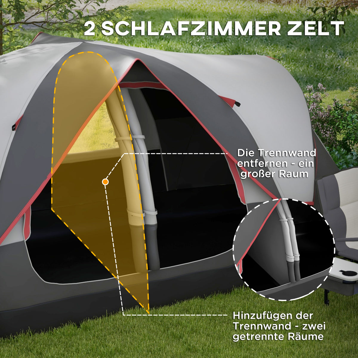Outsunny Campingzelt, 2 Räume, Trennwand, für 6-8 Personen, Regenschutz, Grau