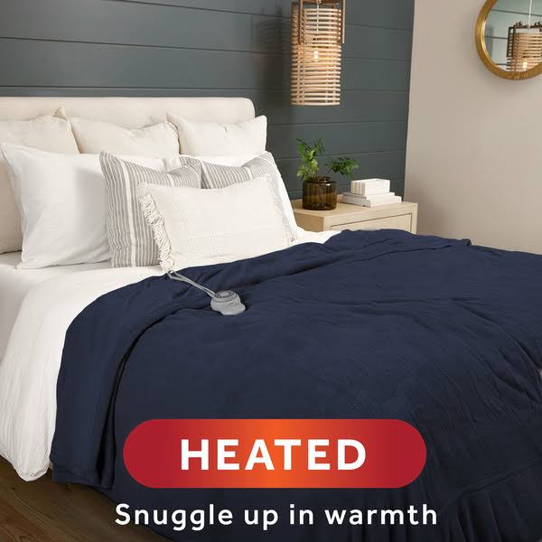Sunbeam Microplush Electric Heated Blanket, Poseidon Blue, Queen