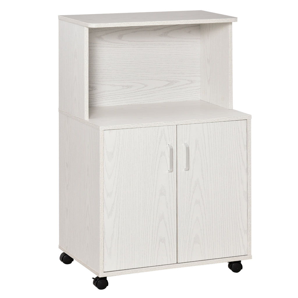 HOMCOM Rollbarer Mehrzweck-Küchenwagen mit Rädern, Schrank und Ablage für die Mikrowelle, hoher Schrank aus Spanplatte, 60,4x40,3x97cm Weiß