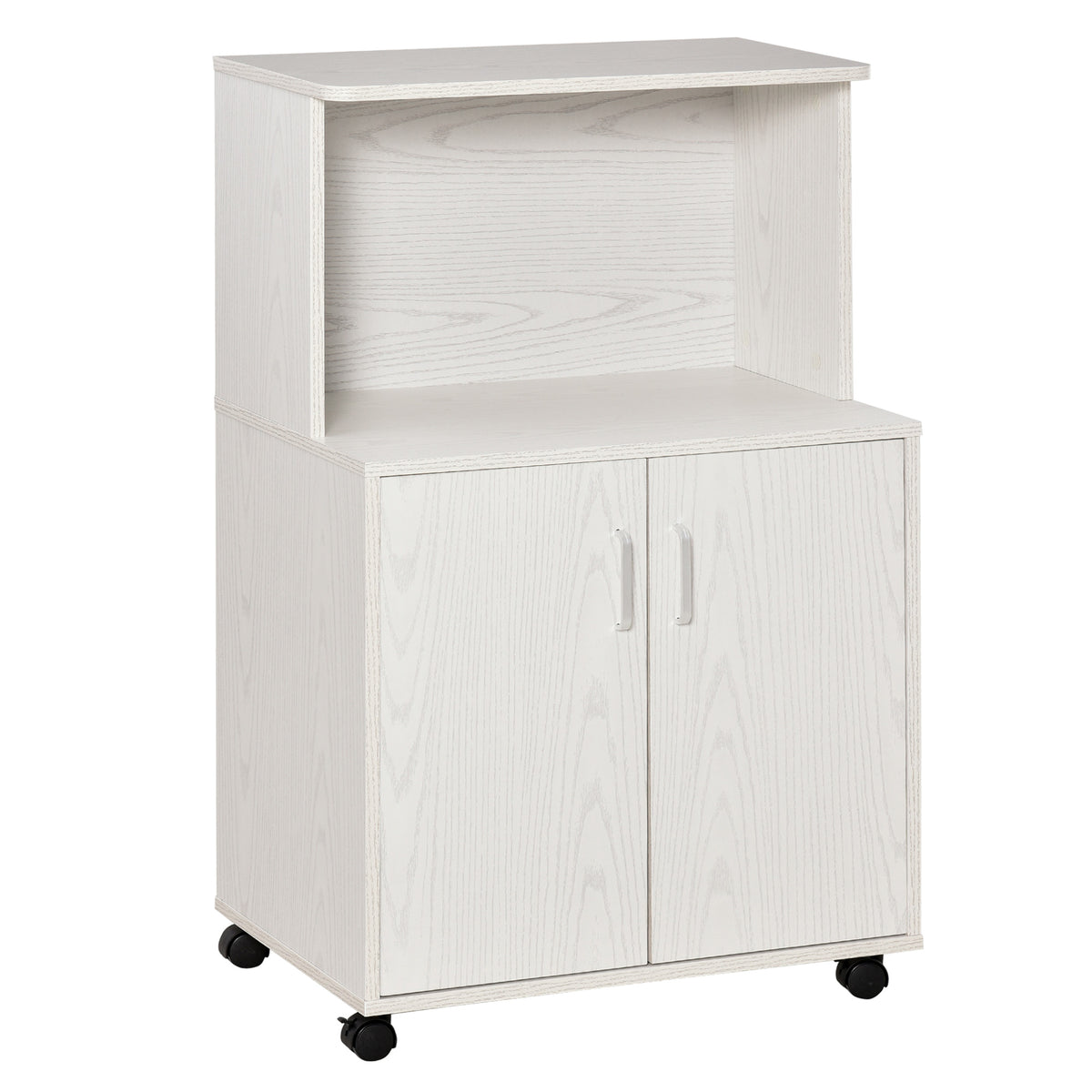 HOMCOM Rollbarer Mehrzweck-Küchenwagen mit Rädern, Schrank und Ablage für die Mikrowelle, hoher Schrank aus Spanplatte, 60,4x40,3x97cm Weiß