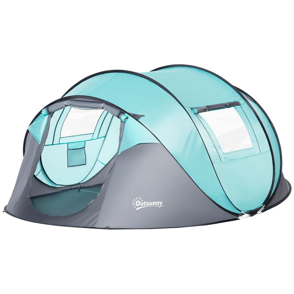 Outsunny Campingzelt Pop-Up für 4 Personen, wasserdichtes Kuppelzelt, leicht und belüftet, einfach aufzubauen mit 2 Fenstern und 2 Türen, Transporttasche inklusive, Maße 286L x 209B x 122H cm, Polyester in Blau und Hellgrau