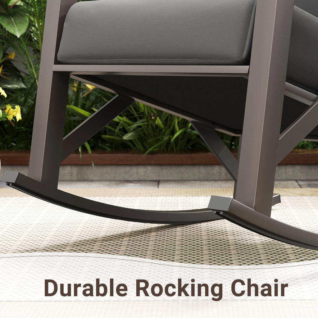 MRUAKA Rocking Chair Bistro Set, 3 Piece Outdoor Patio Furniture Set with 2 Rockers and 1 Metal Coffee Table with Thick Cushions for Porch, Backyard, Poolside, Beige