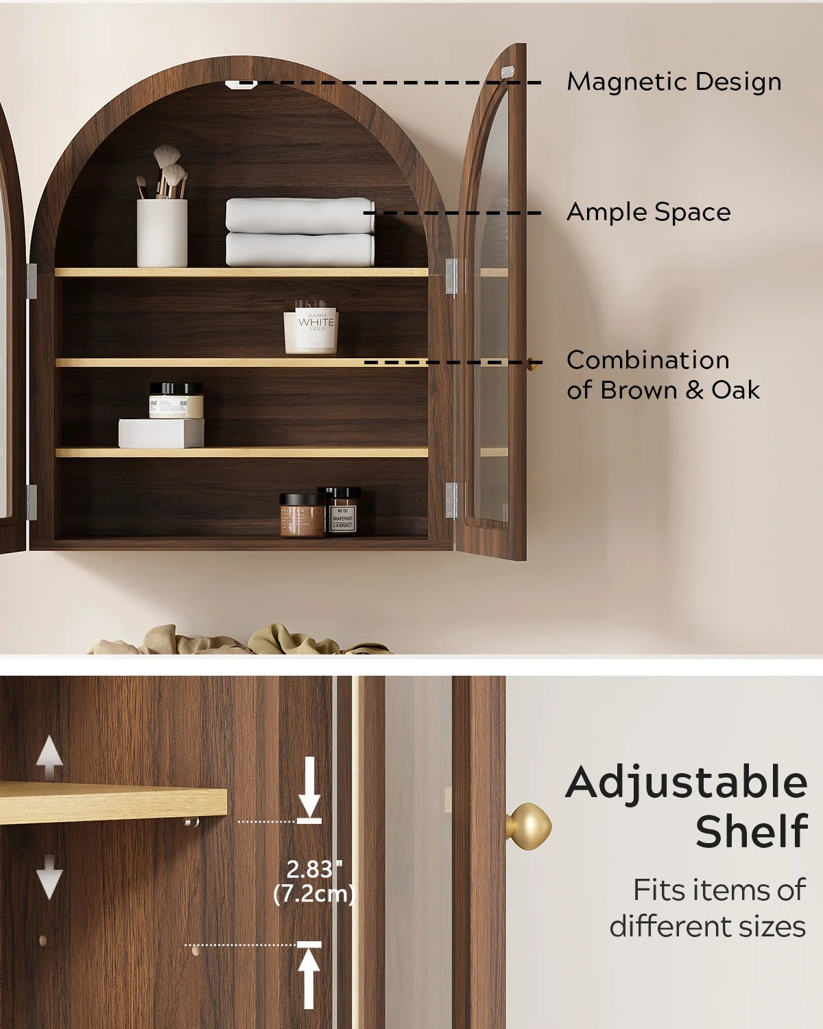 EYYTHUNG Modern Arched Wall Cabinet, Large Medicine Cupboard, Black Cabinet for Bathroom with Adjustable Shelf, Black Oak