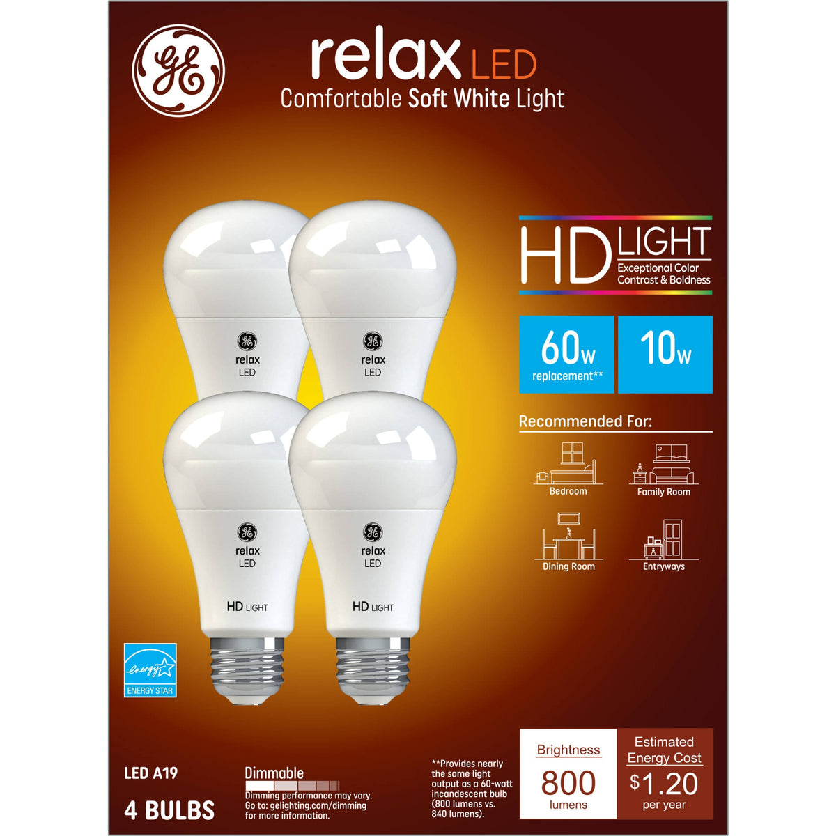 GE 4-Pack Relax LED 10.5W A19 Comfortable Soft White HD Light Bulbs