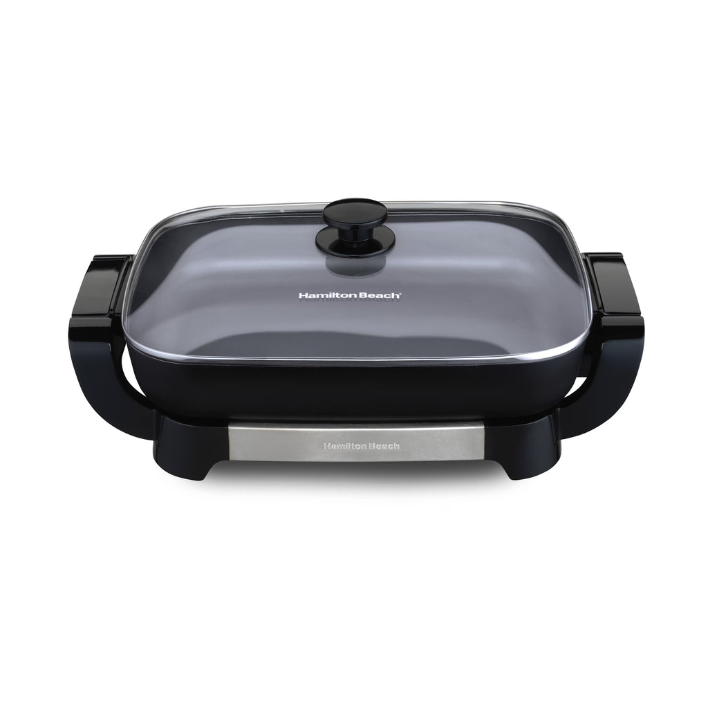 Hamilton Beach Electric Skillet with Lid, 12" x 15" Ceramic Cooking Surface, Reversible Pan, Grey