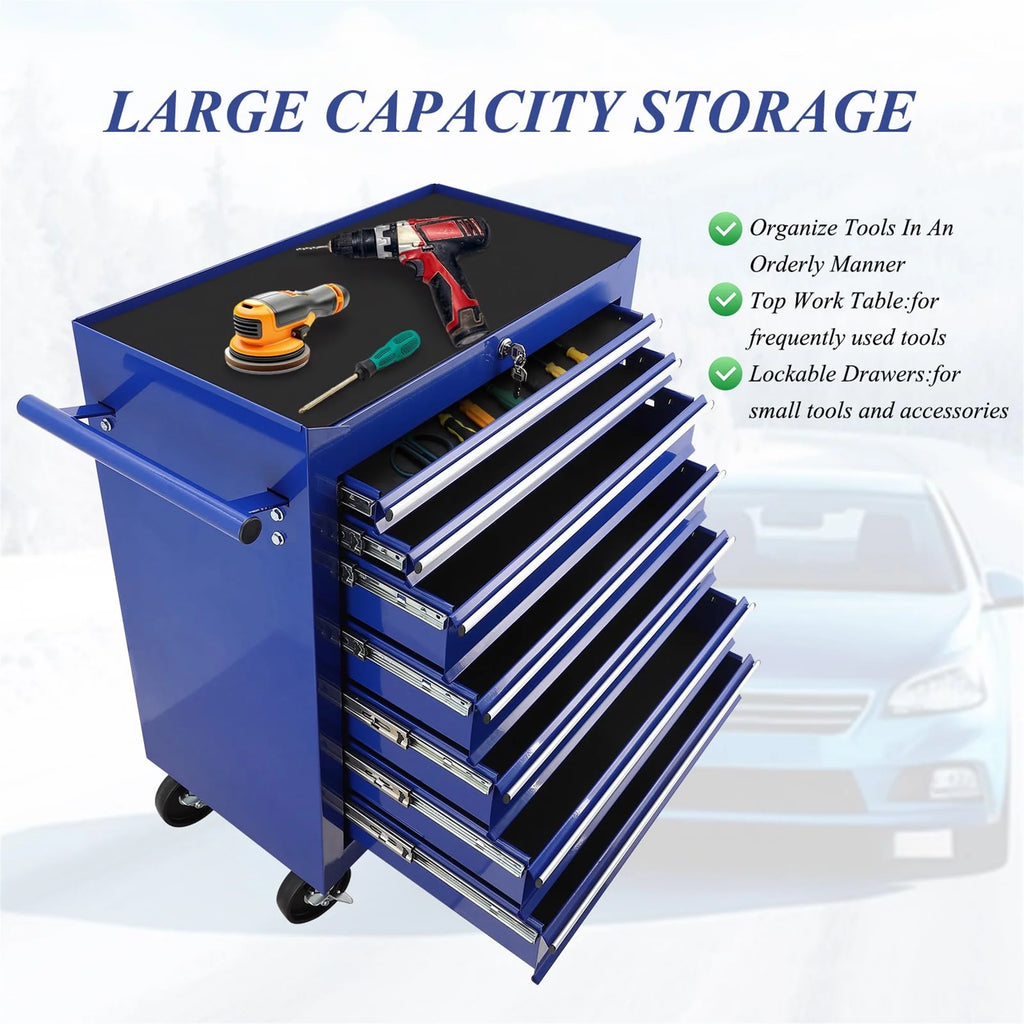 Aukfa Tool Chest, 24.5 in 7 - Drawer Steel Rolling Tool Box on Wheels for Workshop Garage, Red