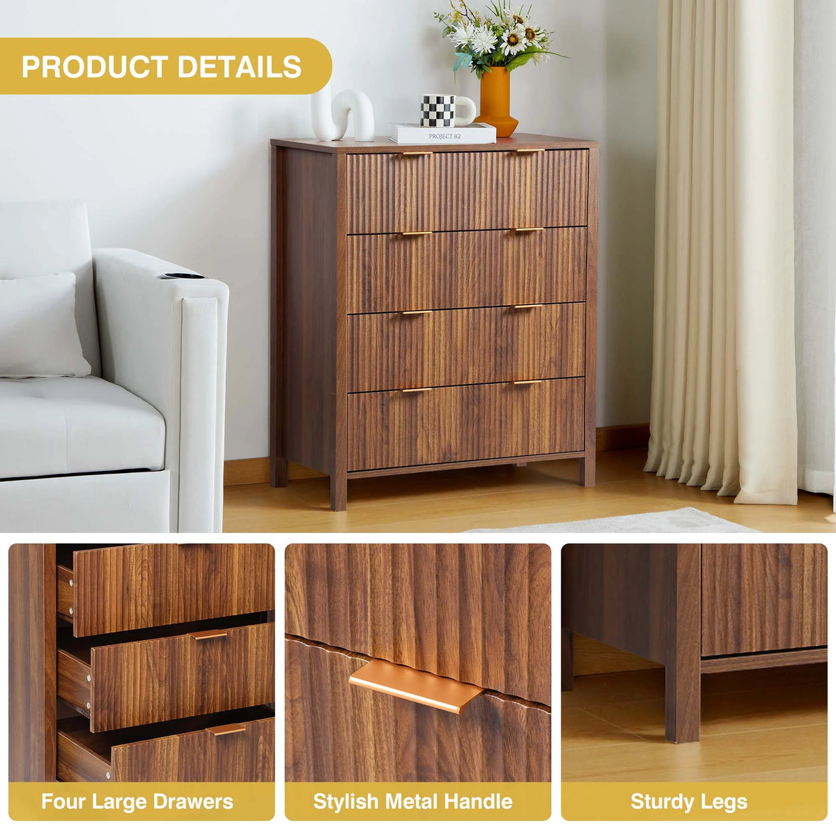 YOCWO Fluted Nightstand for Bedroom Set of 2, Wood Bedside Table Set of 2 with Drawers, Black