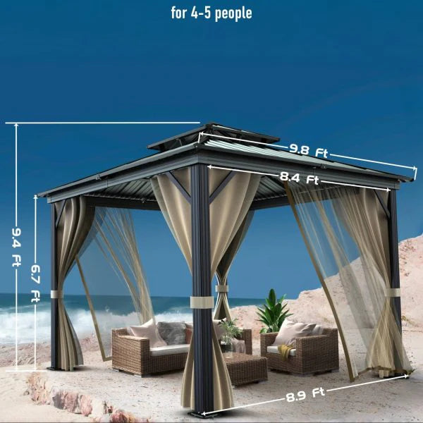 10x10 Hardtop Gazebo with double metal roof. aluminum frame. net. and curtain. All-weather. ideal for patio. deck. garden. backyard. Khaki.
